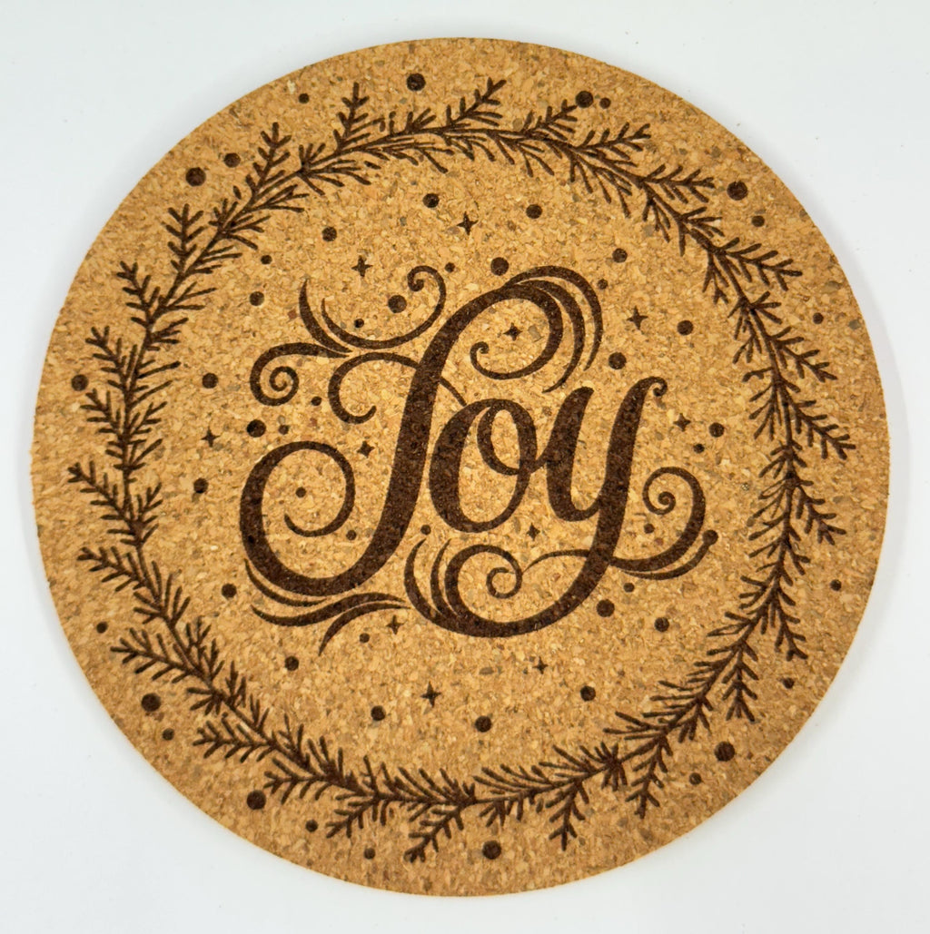 Joy Cork Coaster – Rustic Christmas Wreath Holiday Decor