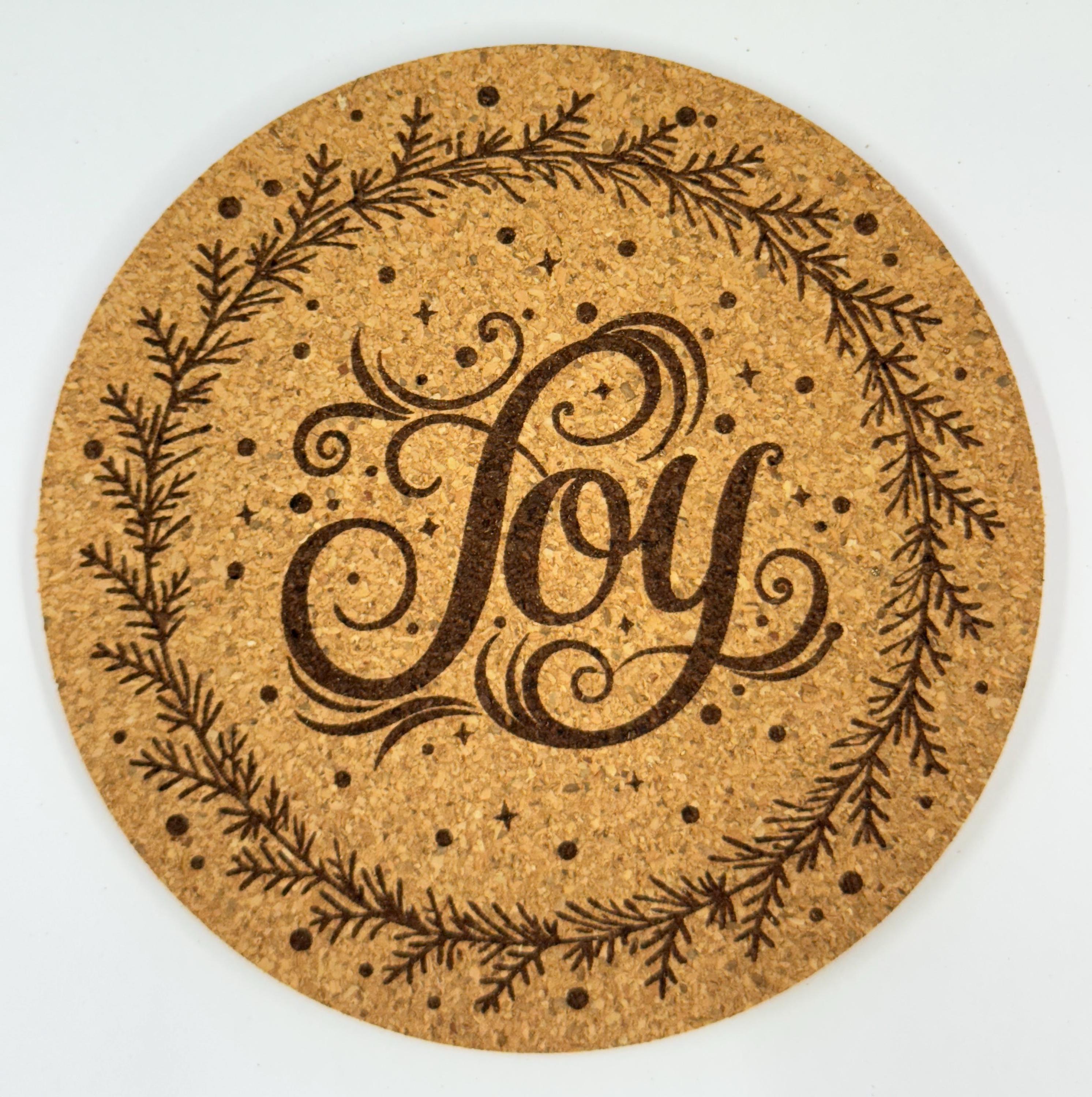 Joy Cork Coaster – Rustic Christmas Wreath Holiday Decor