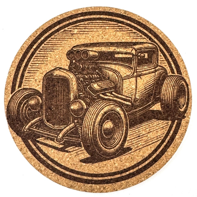 Vintage Hot Rod Coupe – Laser Engraved Round Cork Coaster