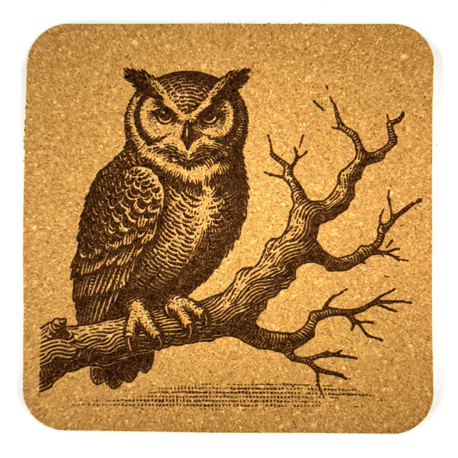 Vintage Owl Illustration Cork Coaster – Woodland Night Bird