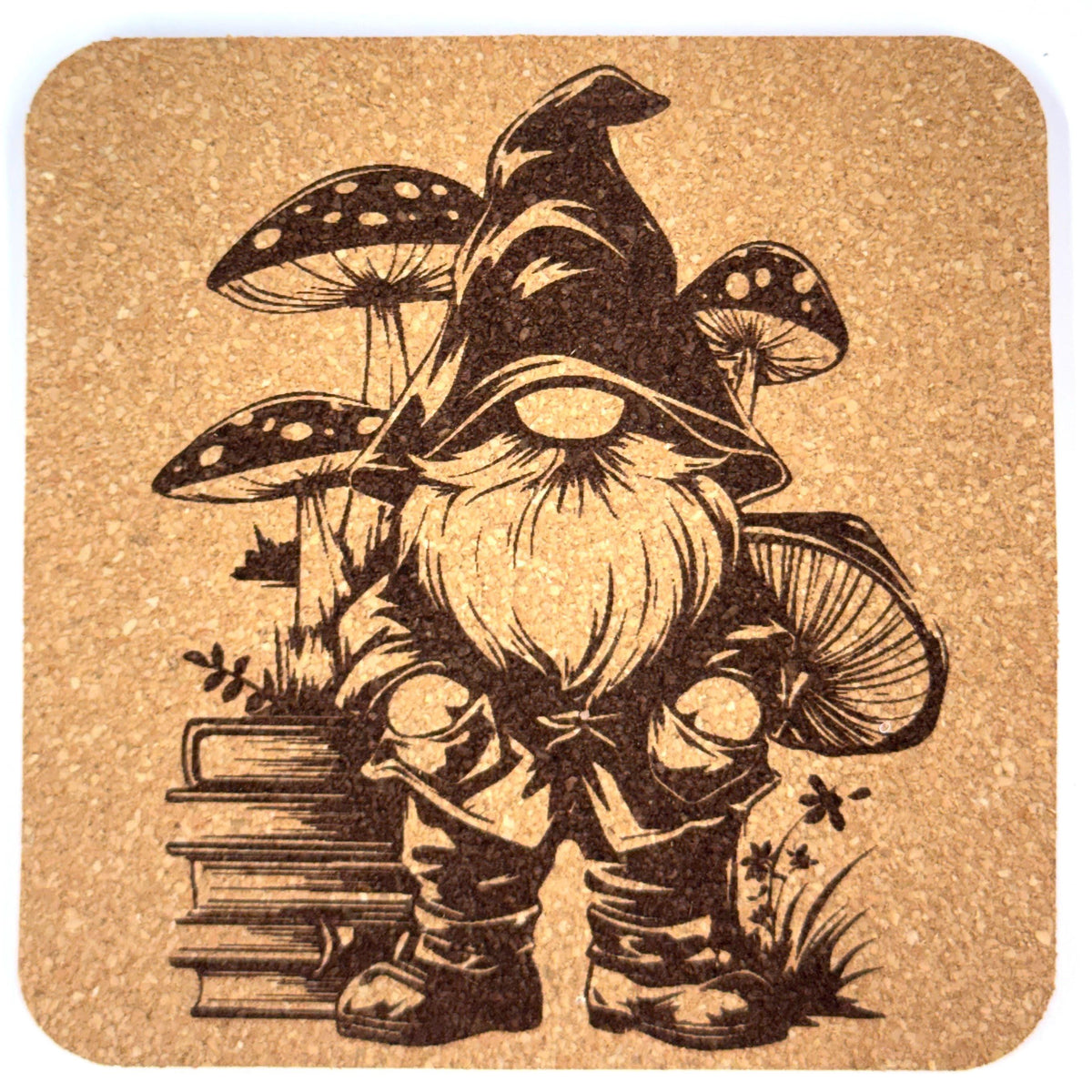 Book Loving Mushroom Gnome – Laser Engraved Cork Coaster
