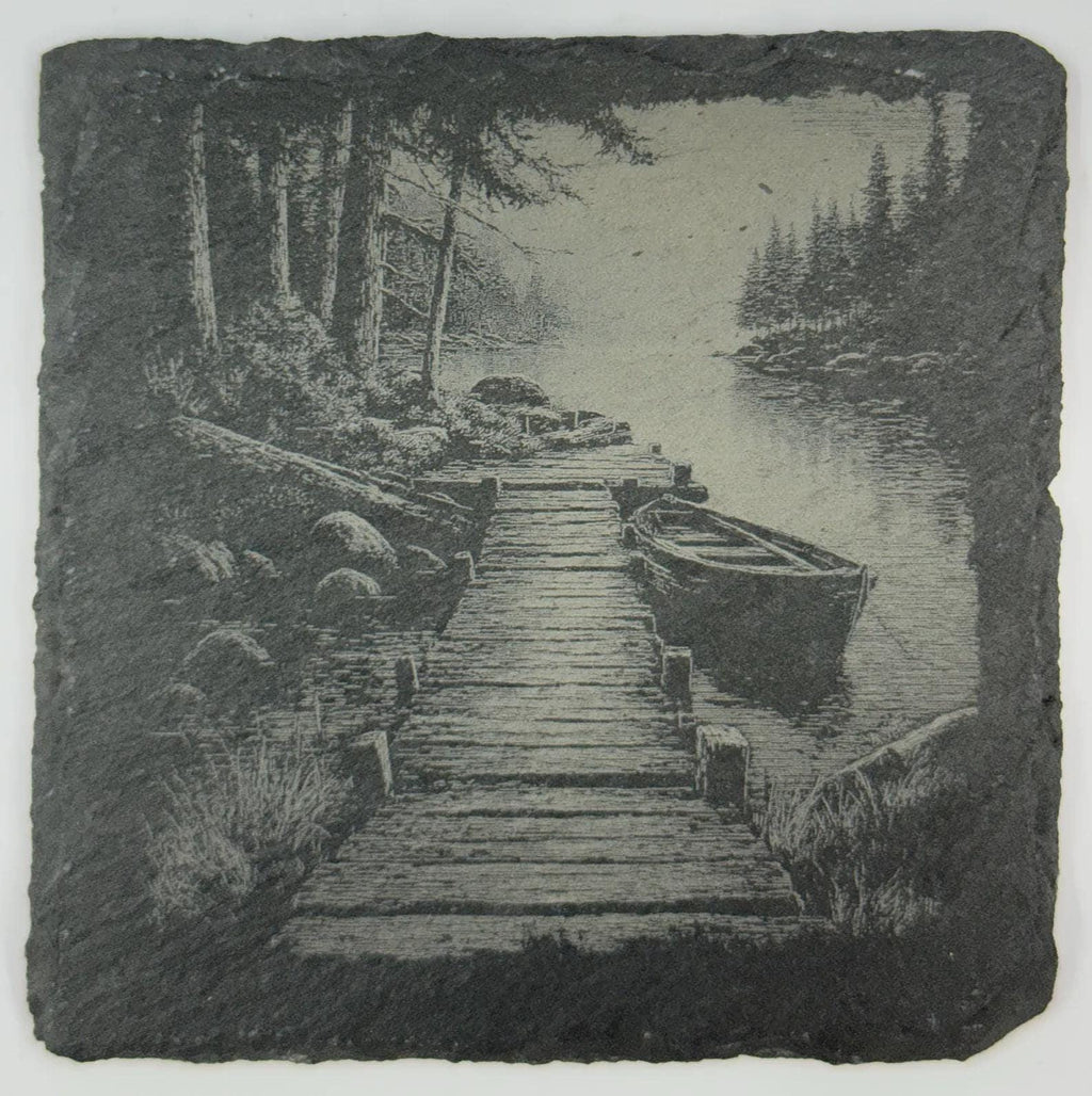 Lakeside Dock Canoe Slate Coaster – Rustic Forest Water Scene