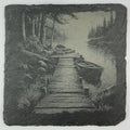 Lakeside Dock Canoe Slate Coaster – Rustic Forest Water Scene