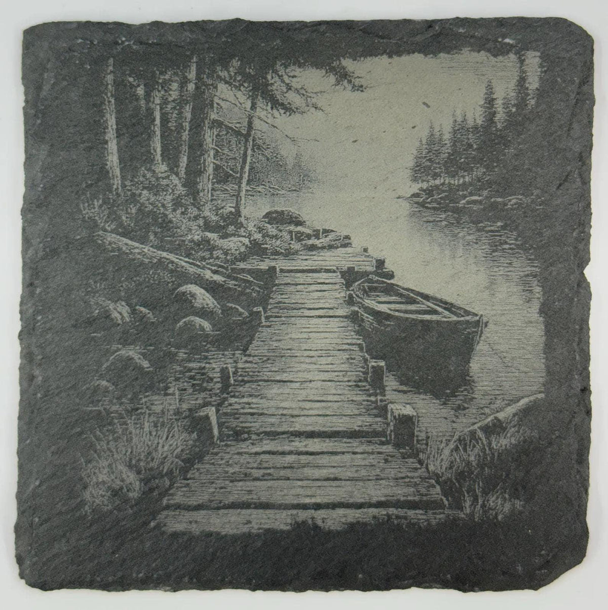 Lakeside Dock Canoe Slate Coaster – Rustic Forest Water Scene