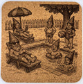 Gnome Pool Party Cork Coaster – Whimsical Backyard Gnome Scene