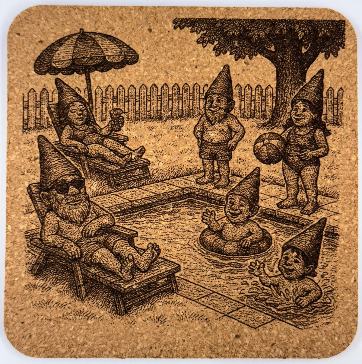 Gnome Pool Party Cork Coaster – Whimsical Backyard Gnome Scene