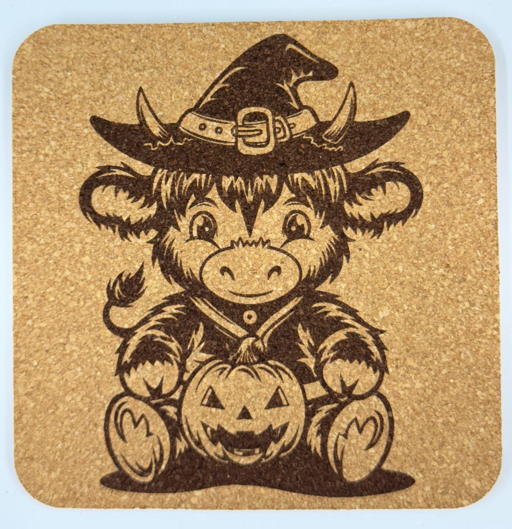 Cute Halloween Highland Cow Cork Coaster – Pumpkin Pal