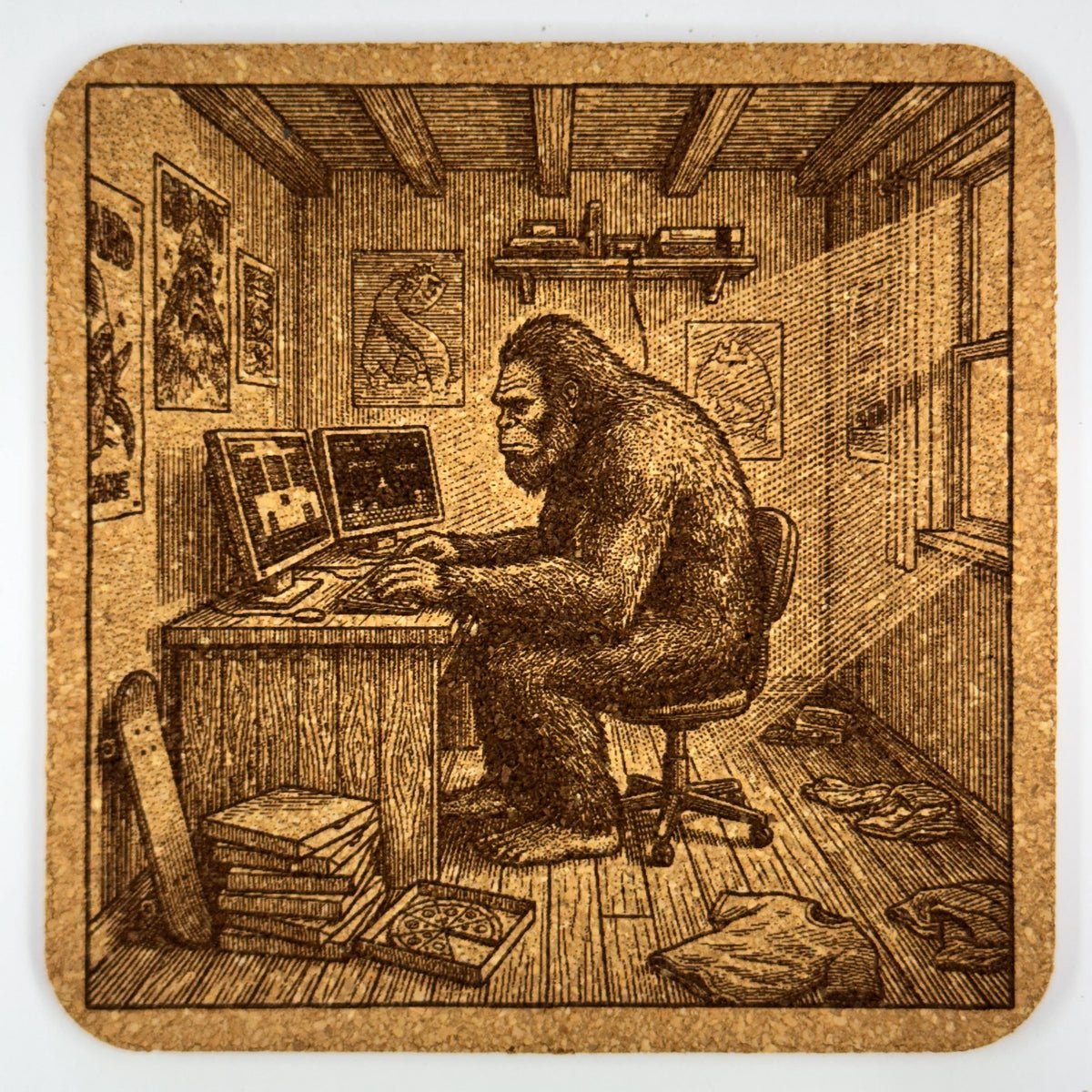 Bigfoot Gamer Room Cork Coaster – Sasquatch Teen Chaos