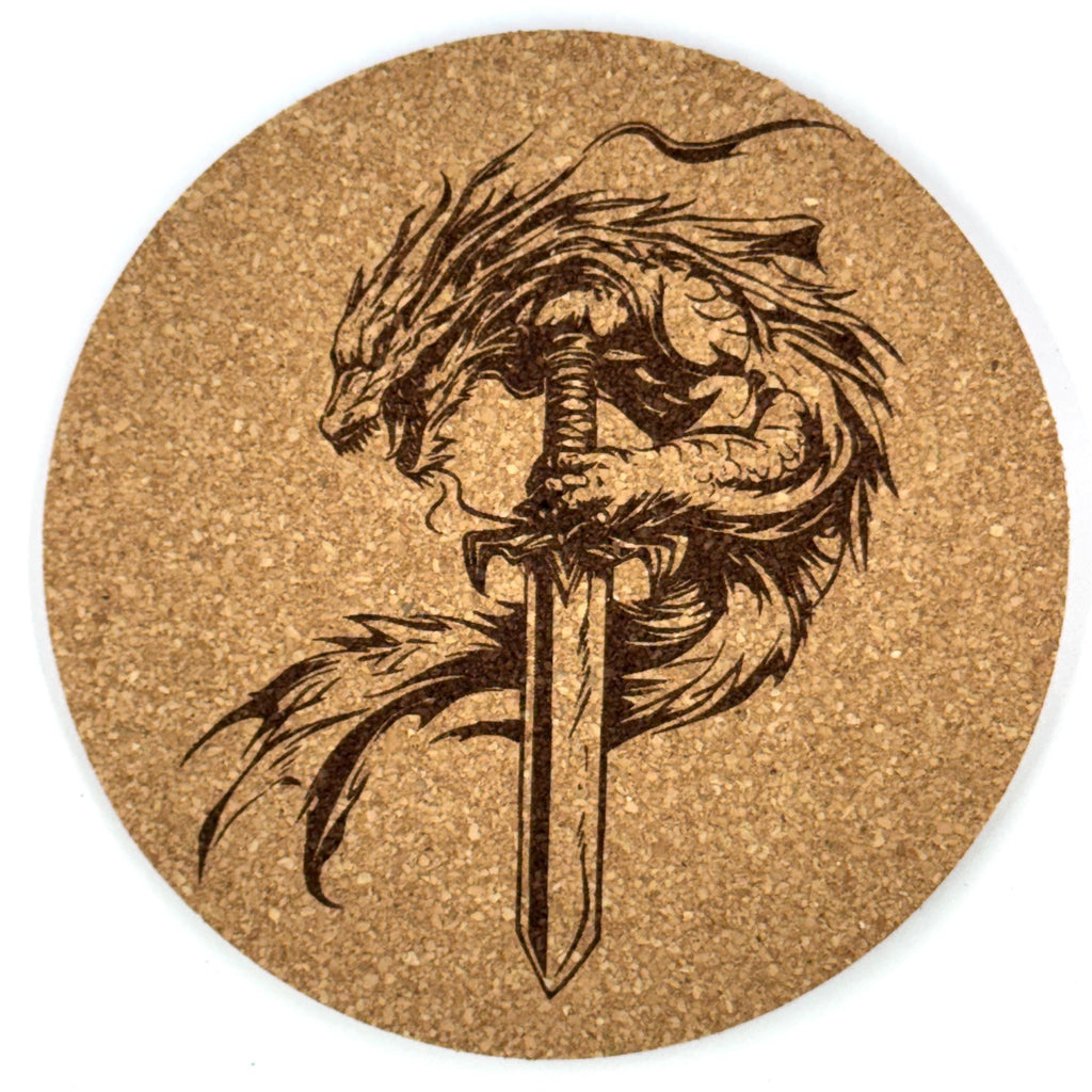 Swordbound Dragon Round Cork Coaster – Dark Fantasy Dragon