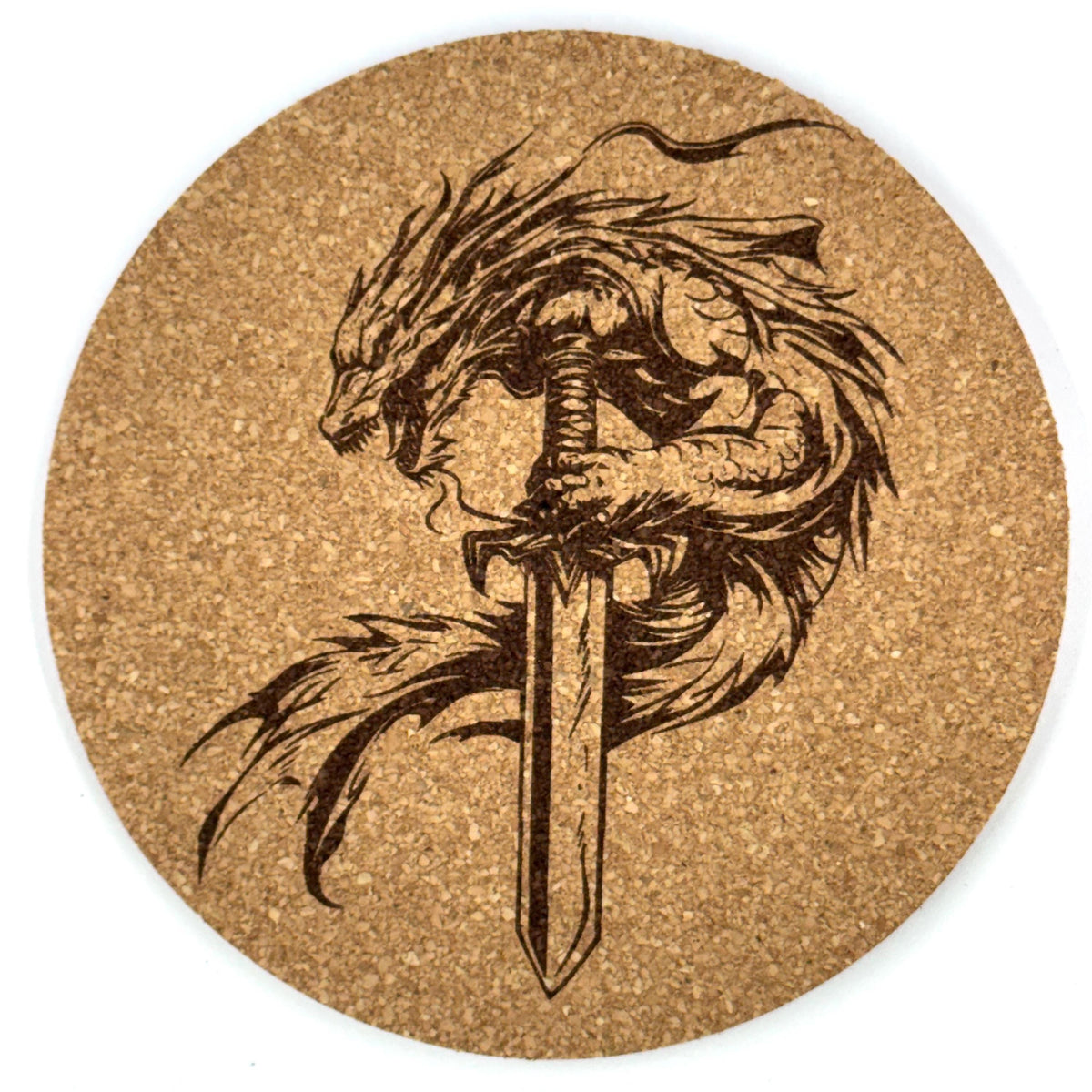 Swordbound Dragon Round Cork Coaster – Dark Fantasy Dragon