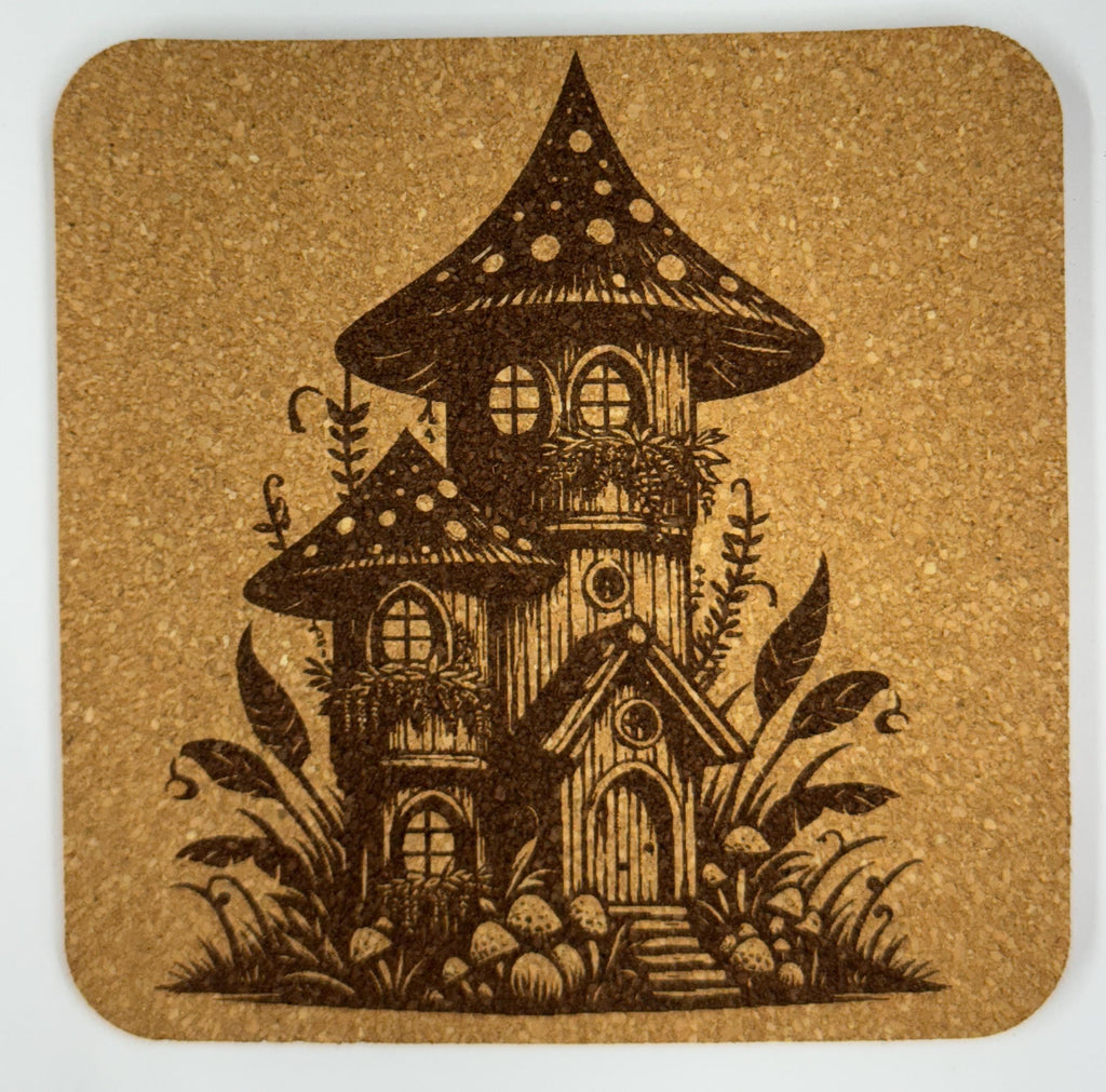 Mushroom Tower Fairy House Cork Coaster – Laser Engraved Fantasy Art