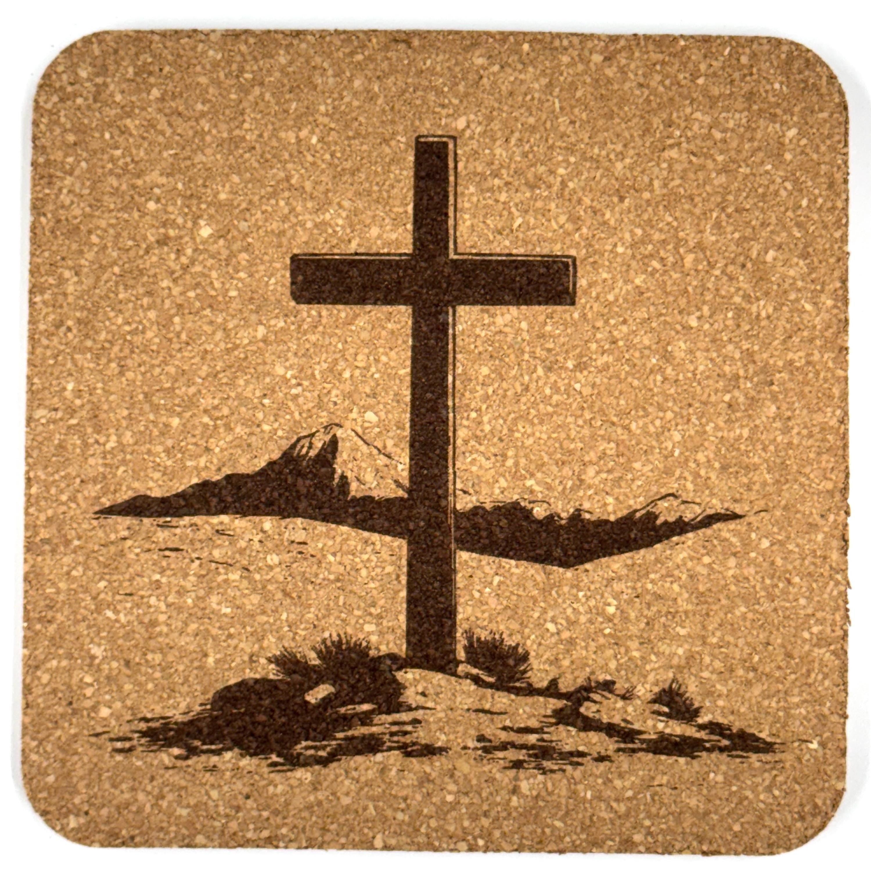 Desert Mountain Cross Laser Engraved Cork Coaster