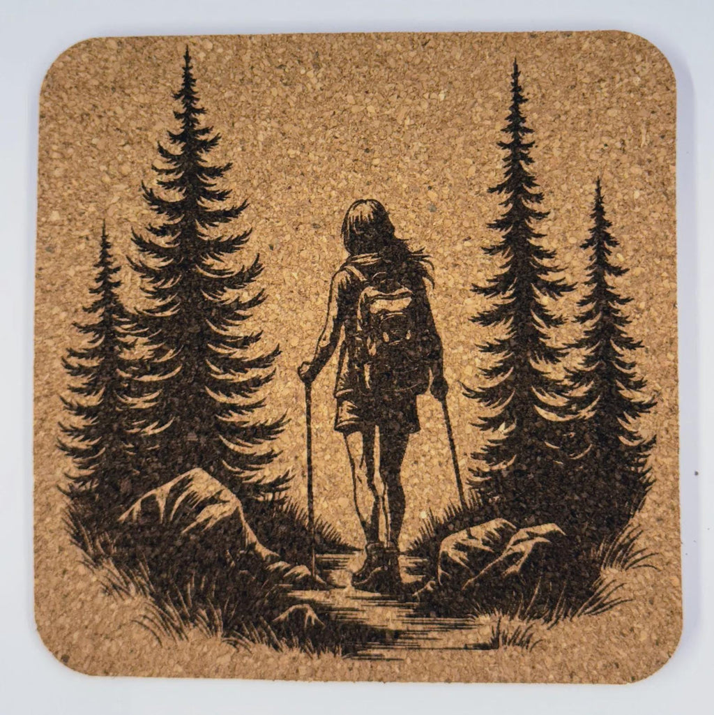 Female Hiker on Woodland Path Cork Coaster – Nature Walk Design