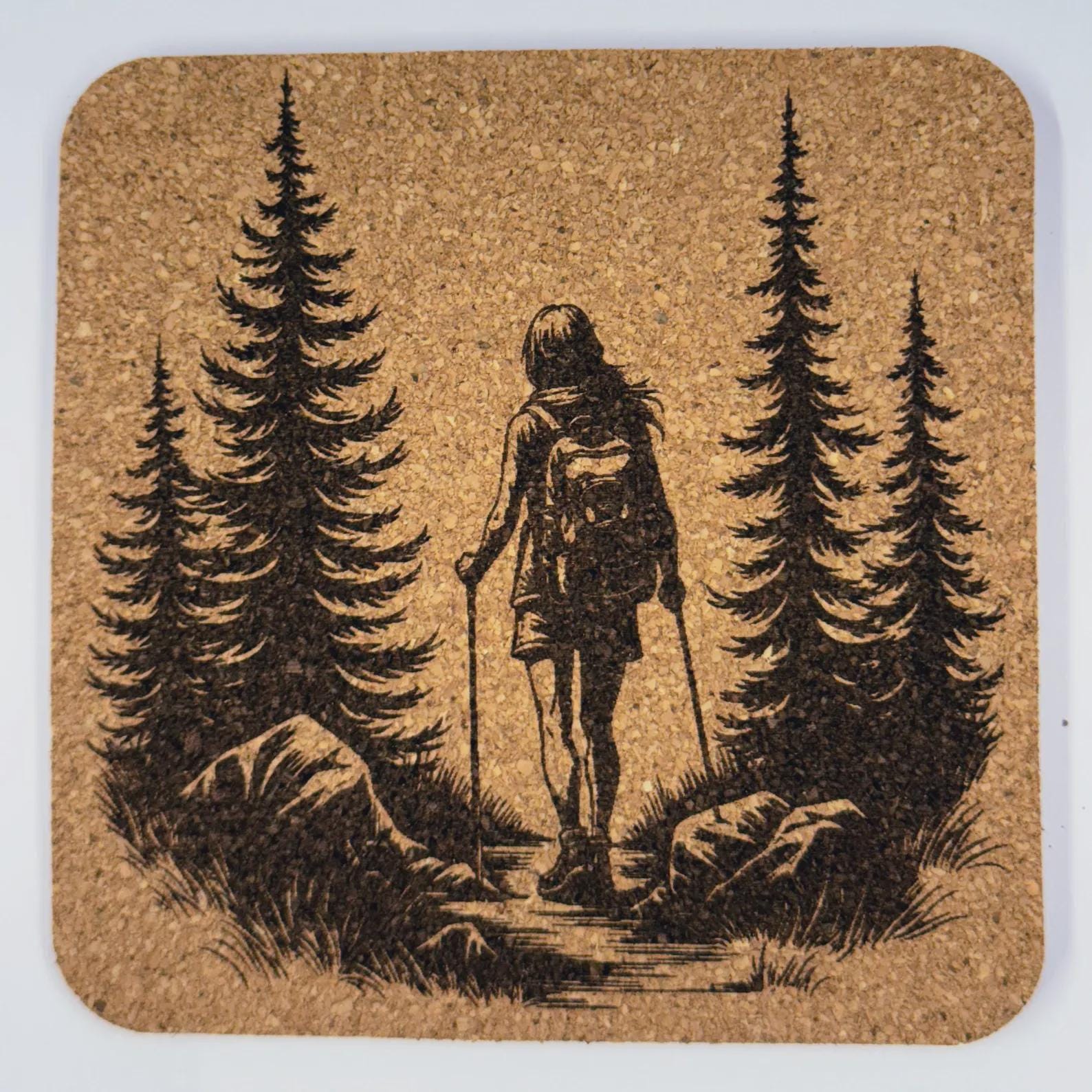 Female Hiker on Woodland Path Cork Coaster – Nature Walk Design