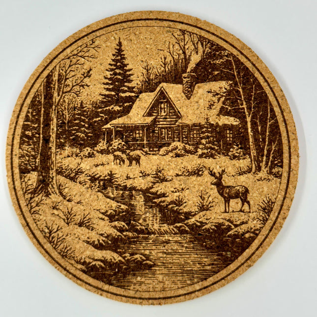 Winter Cabin Cork Coaster – Snowy Forest Christmas Scene