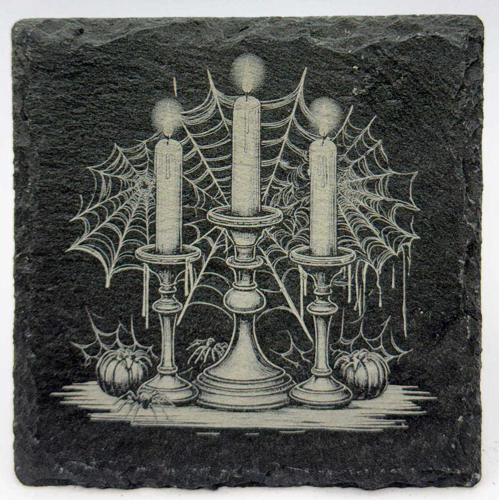 Candlelit Spider Web Trio – Laser Engraved Slate Coaster