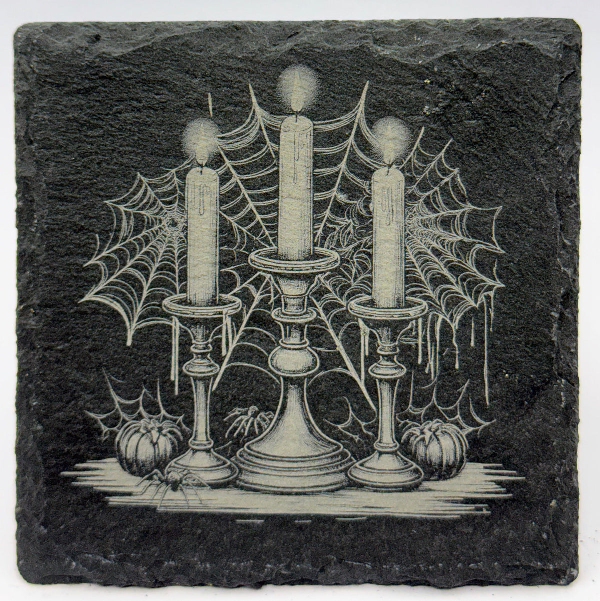 Candlelit Spider Web Trio – Laser Engraved Slate Coaster