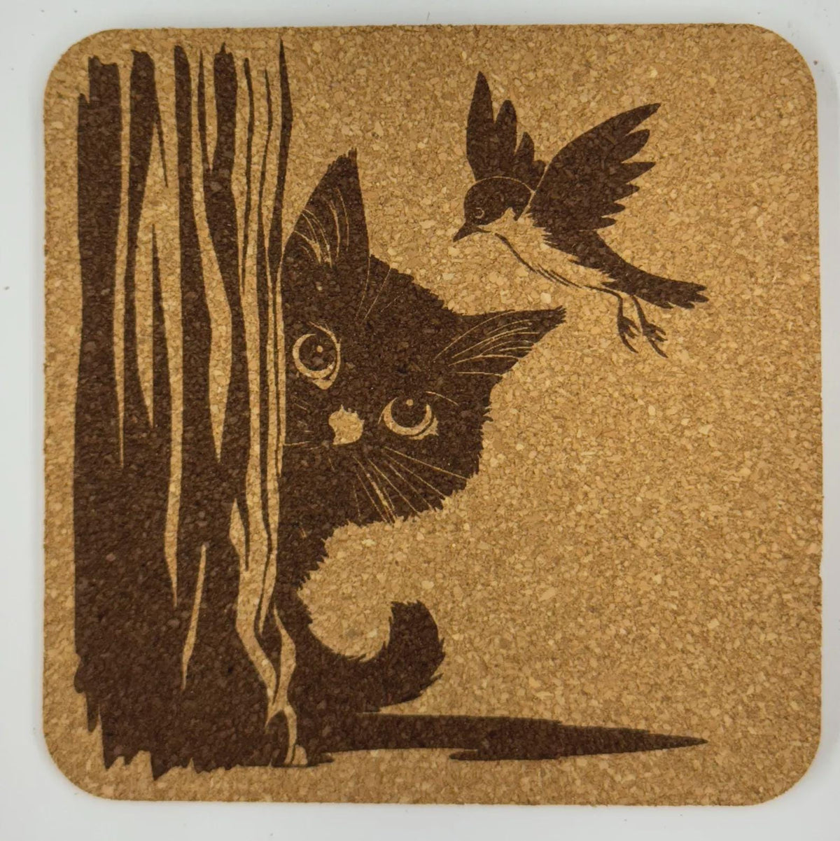 Curious Cat Art Cork Coaster – Peeking Kitty Home Decor