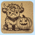 Halloween Highland Cow Cork Coaster – Pumpkin Patch Charm