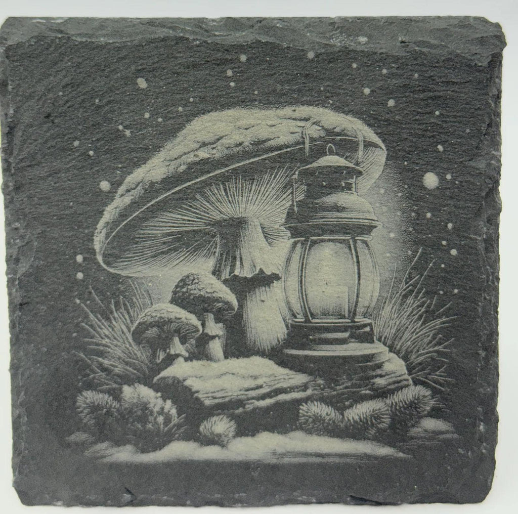 Lantern and Mushroom Slate Coaster – Enchanted Woodland Fantasy Art