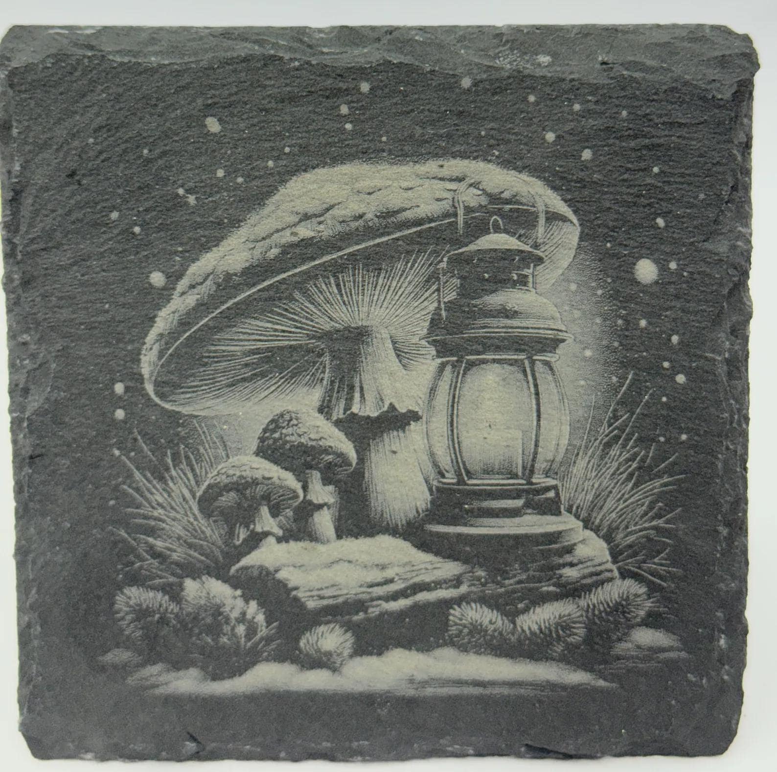 Lantern and Mushroom Slate Coaster – Enchanted Woodland Fantasy Art