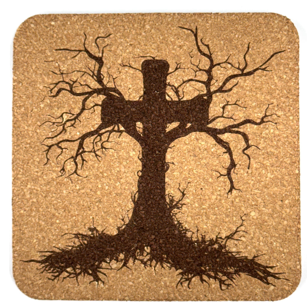 Tree of Life Style Cross Laser Engraved Cork Coaster
