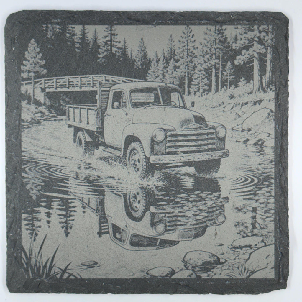 Vintage Pickup Crossing a Stream – Nature Slate Coaster