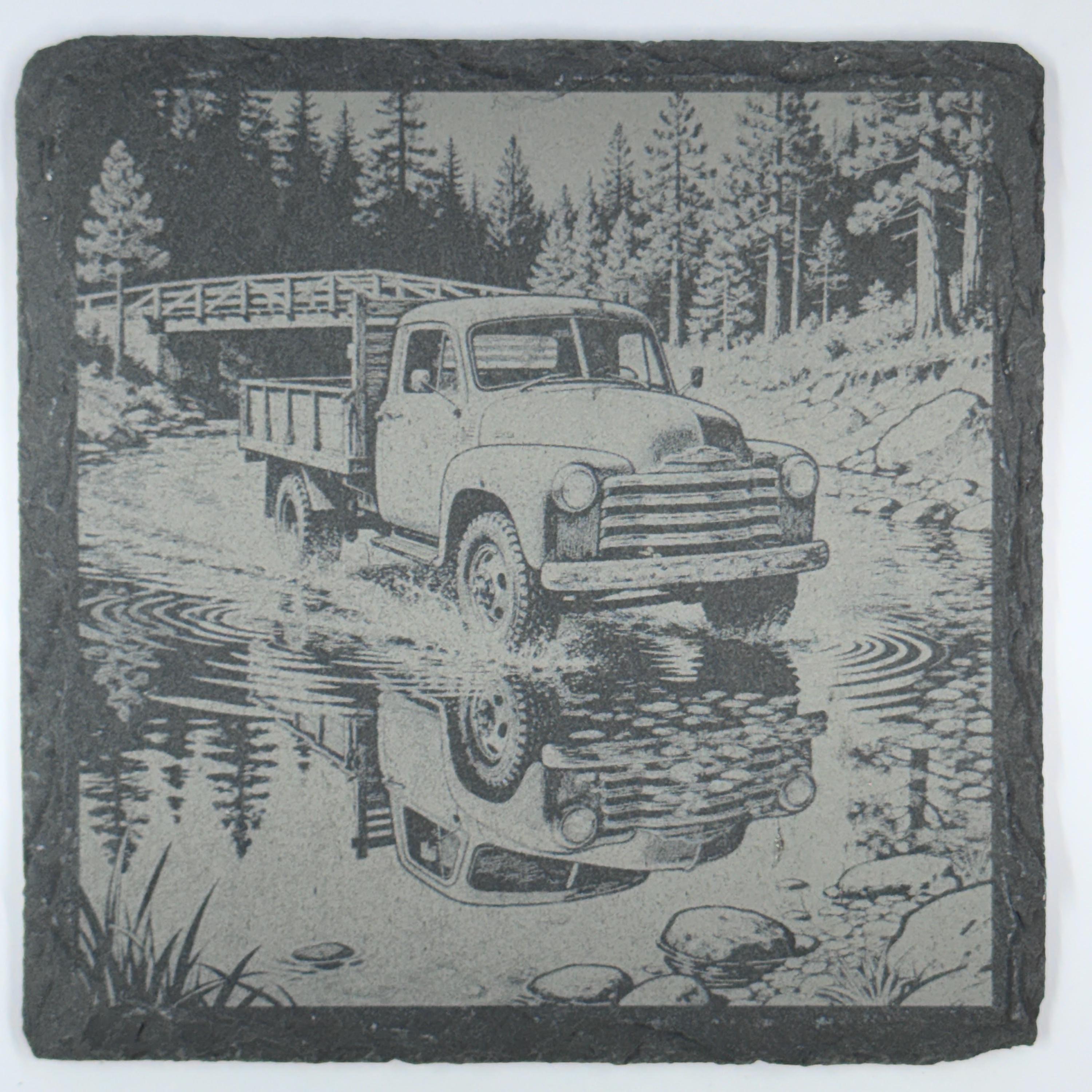 Vintage Pickup Crossing a Stream – Nature Slate Coaster