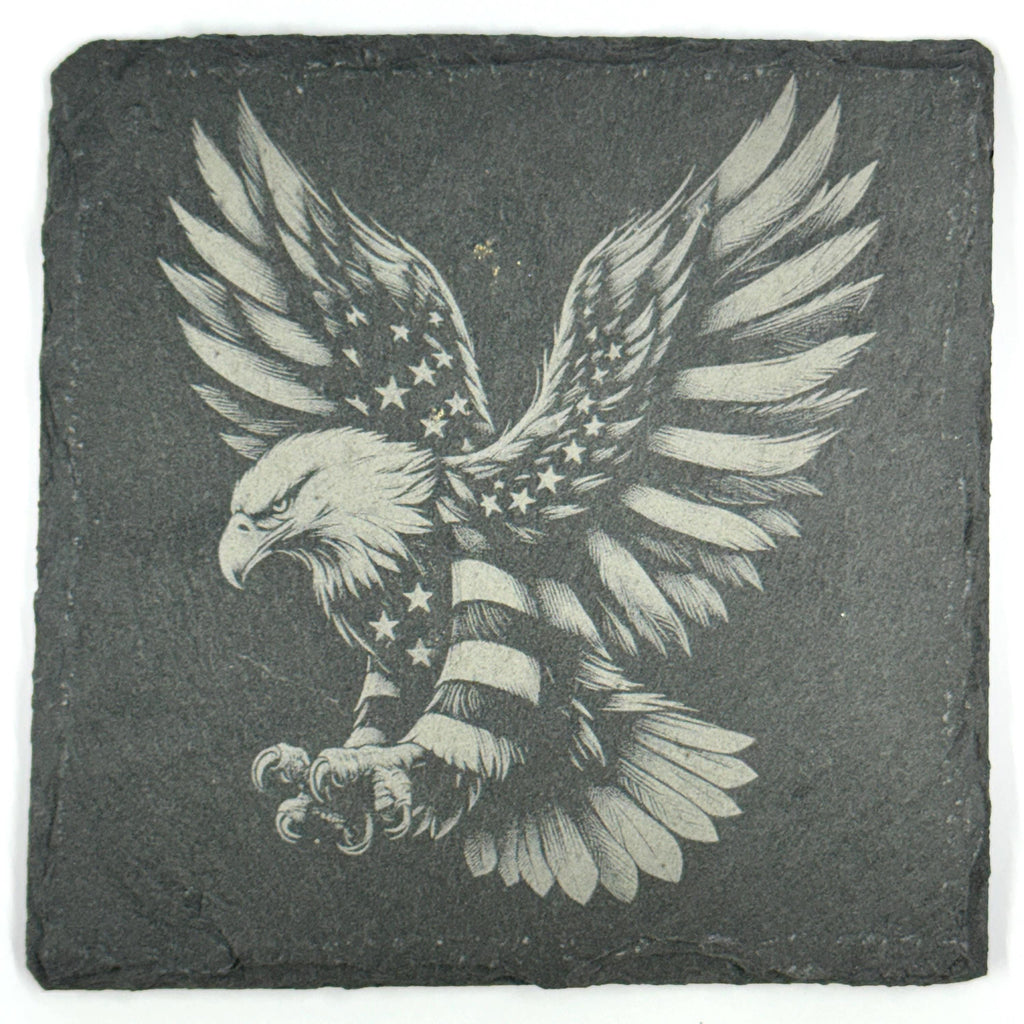 American Eagle Landing Laser Engraved Slate Coaster – Patriotic Flag Drink Coaster
