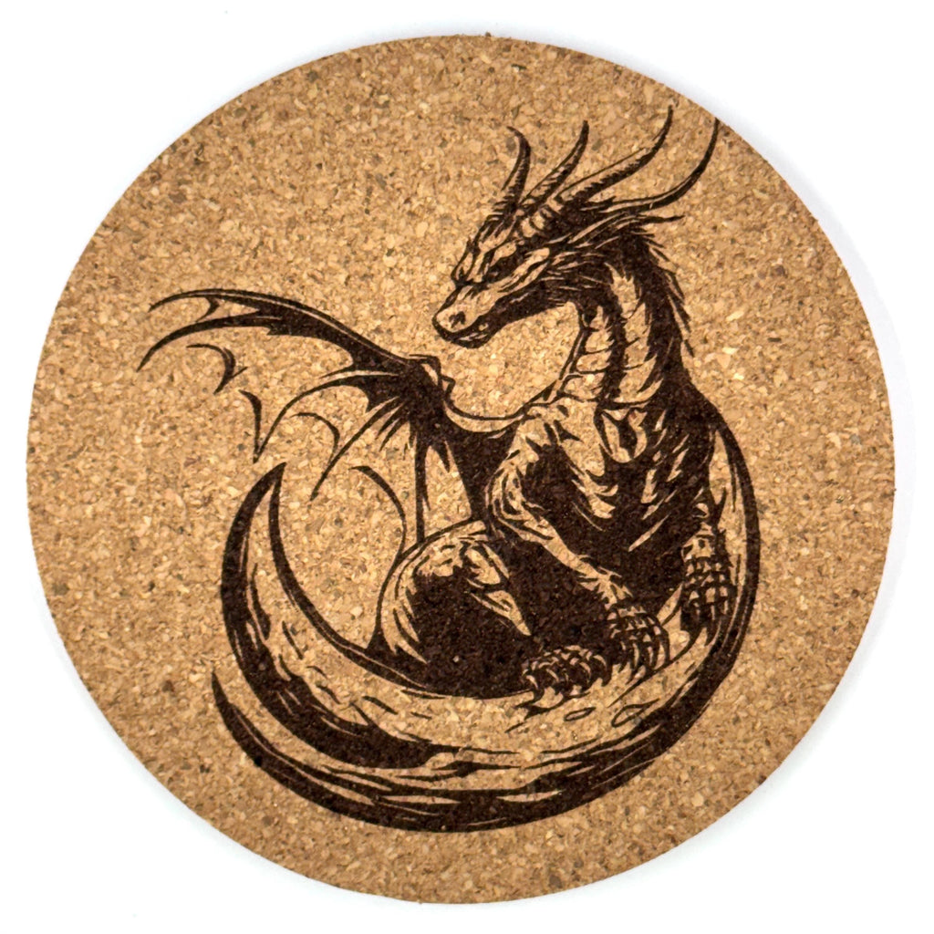 Coiled Watcher Dragon Round Cork Coaster – Fantasy Dragon Art