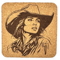 Western Cowgirl Portrait Cork Coaster – Rustic Country Girl Decor