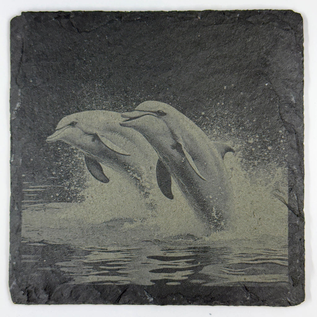 Playful Dolphin Duo Leaping Together – Engraved Slate Coaster