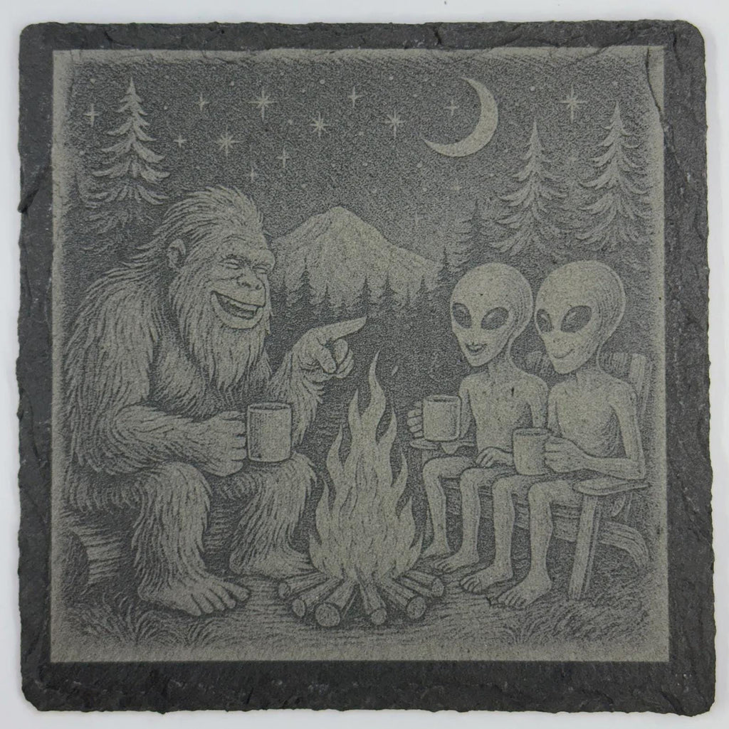 Bigfoot and Aliens Campfire – Pacific Northwest Slate Coaster