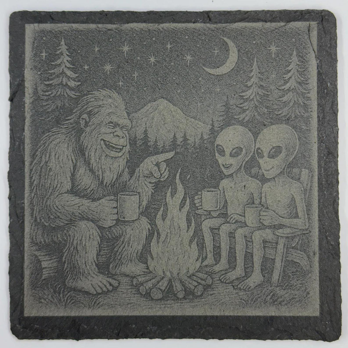 Bigfoot and Aliens Campfire – Pacific Northwest Slate Coaster