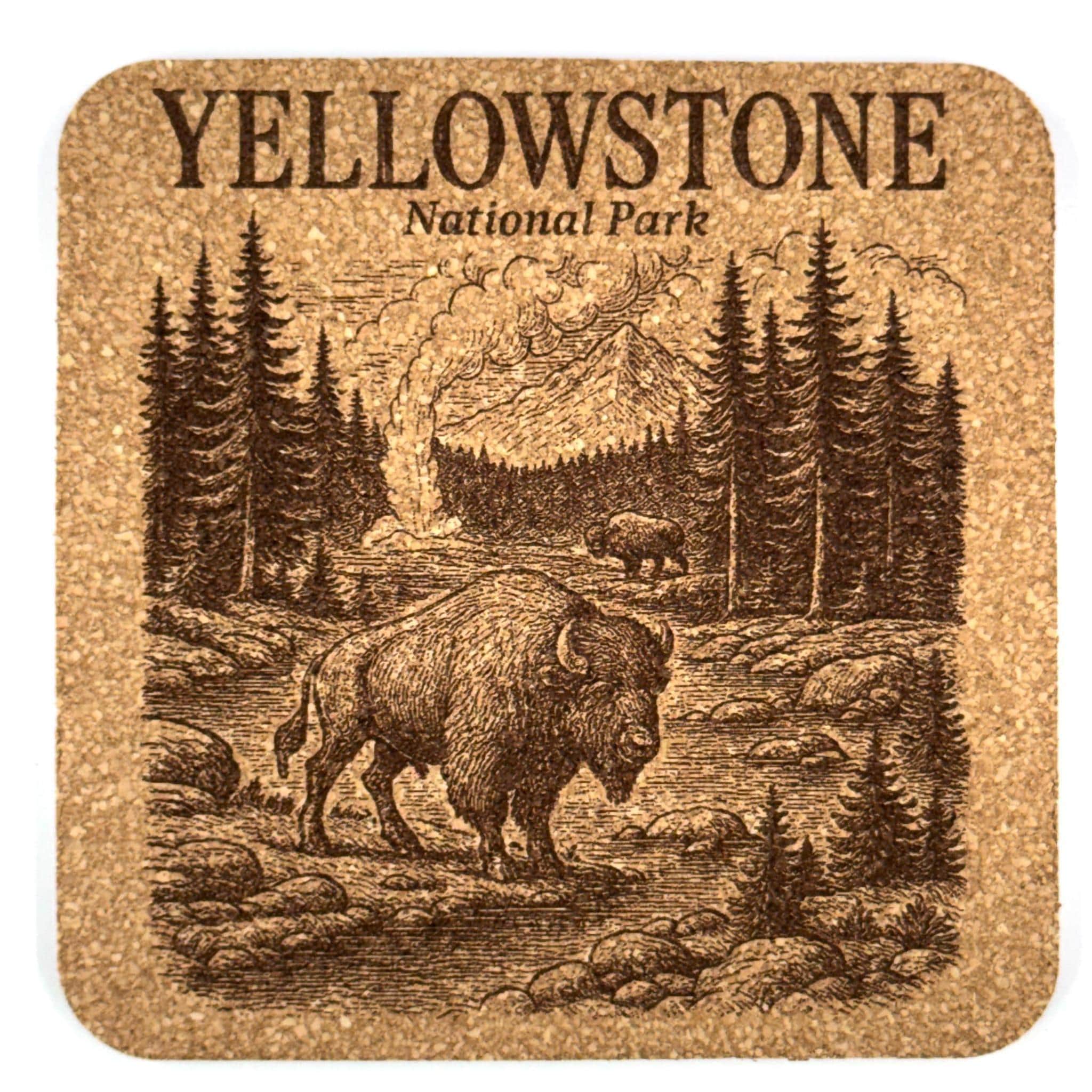 Yellowstone National Park Cork Coaster – Bison & Geyser Landscape Engraved