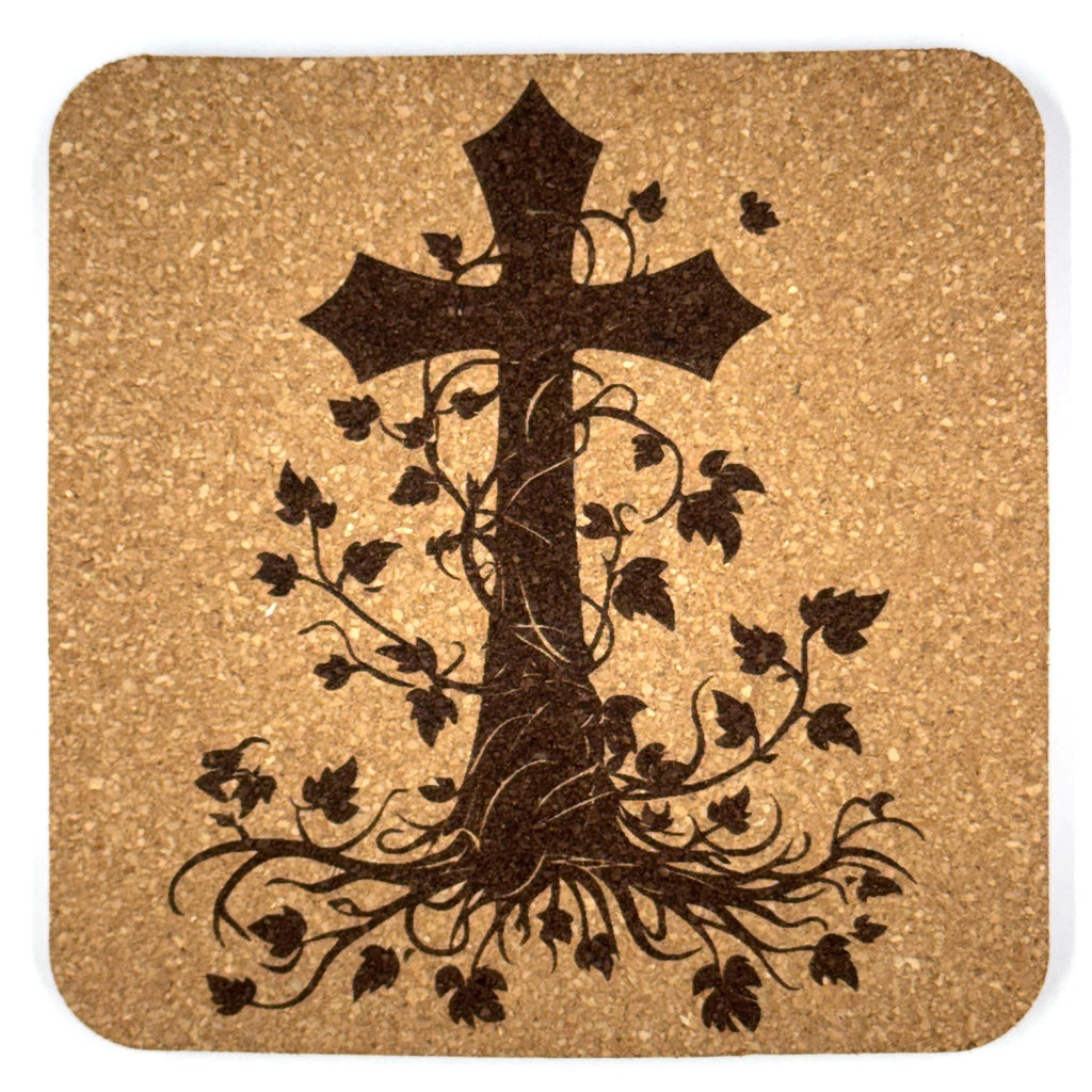 Vine and Leaves Cross Laser Engraved Cork Coaster