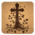 Vine and Leaves Cross Laser Engraved Cork Coaster