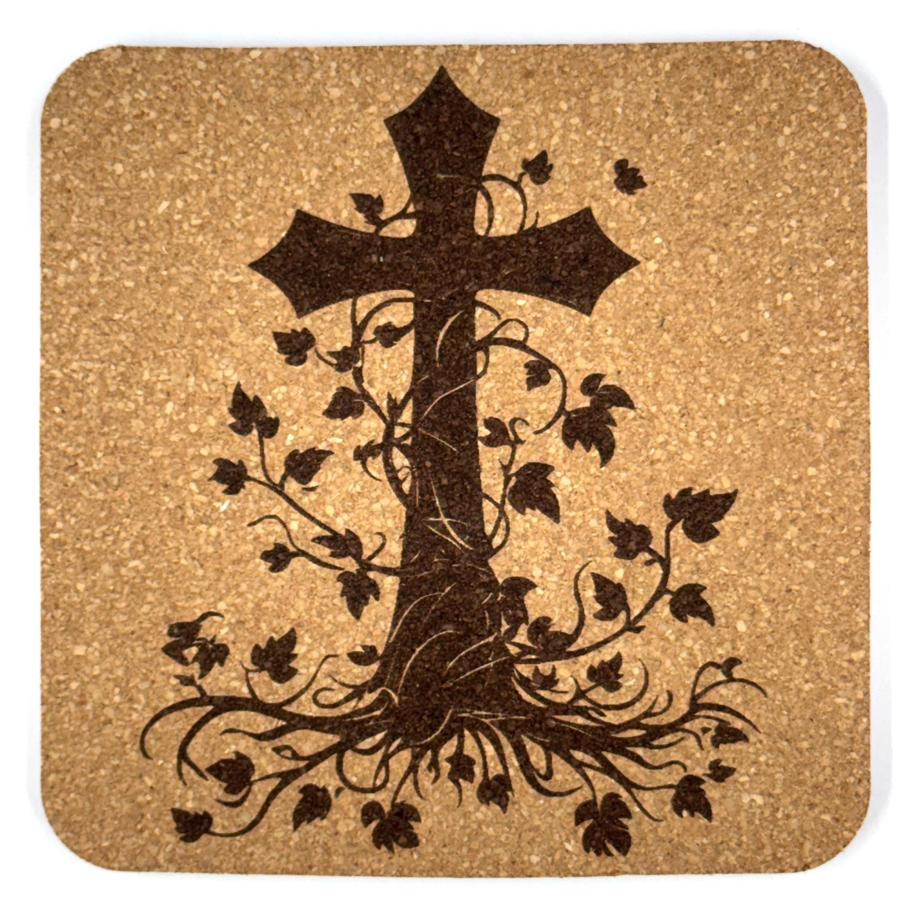 Vine and Leaves Cross Laser Engraved Cork Coaster