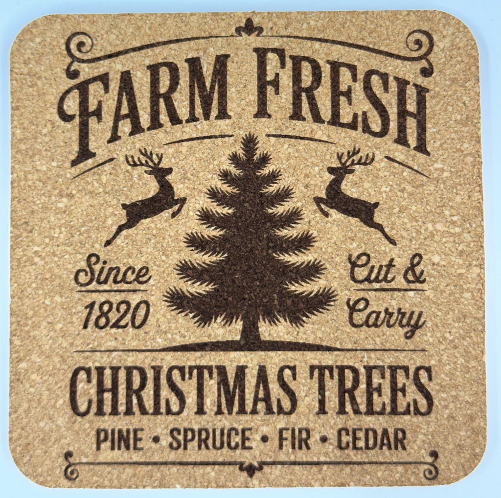 Farm Fresh Christmas Trees Cork Coaster – Rustic Holiday Tree Farm Decor