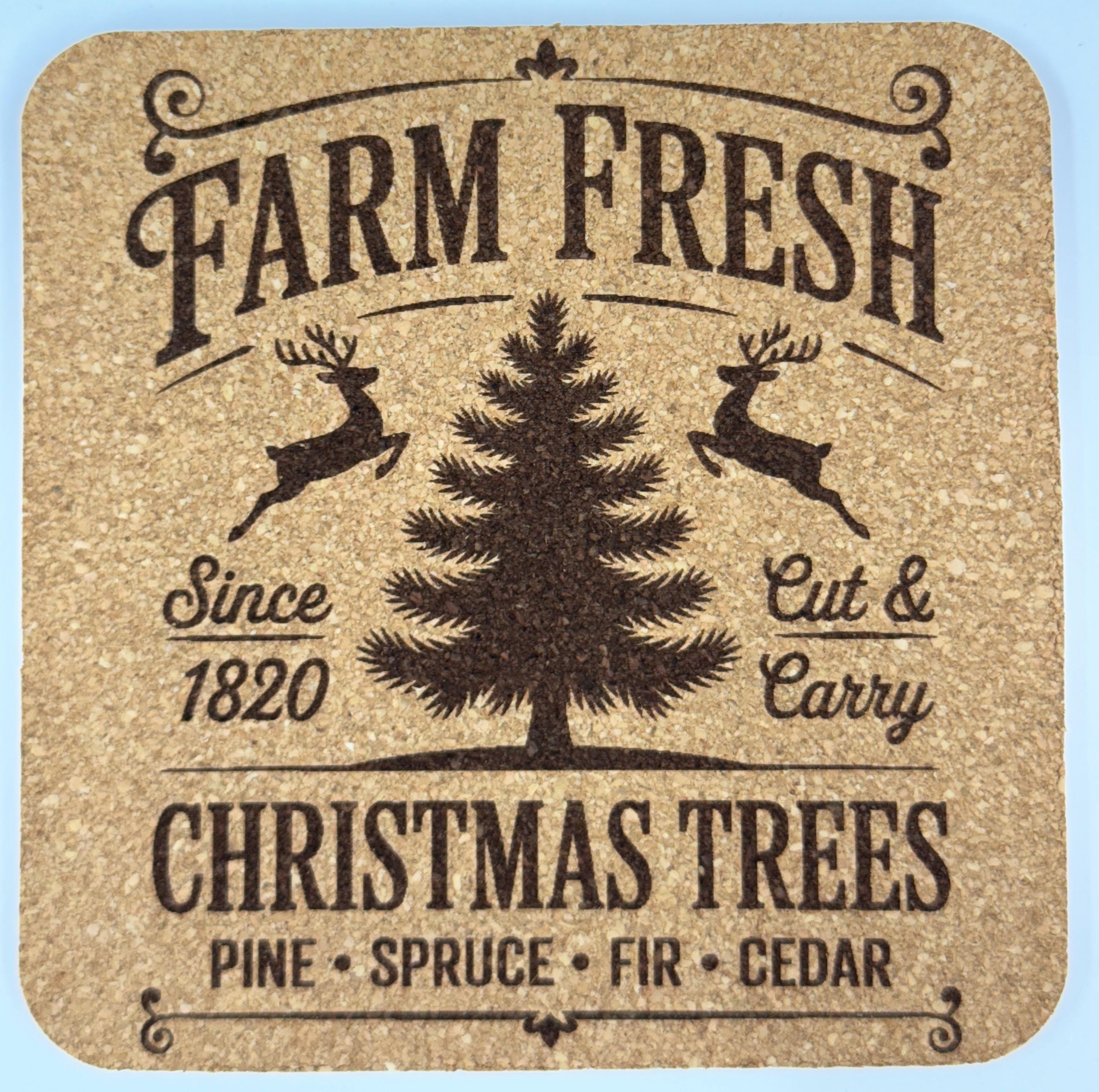 Farm Fresh Christmas Trees Cork Coaster – Rustic Holiday Tree Farm Decor