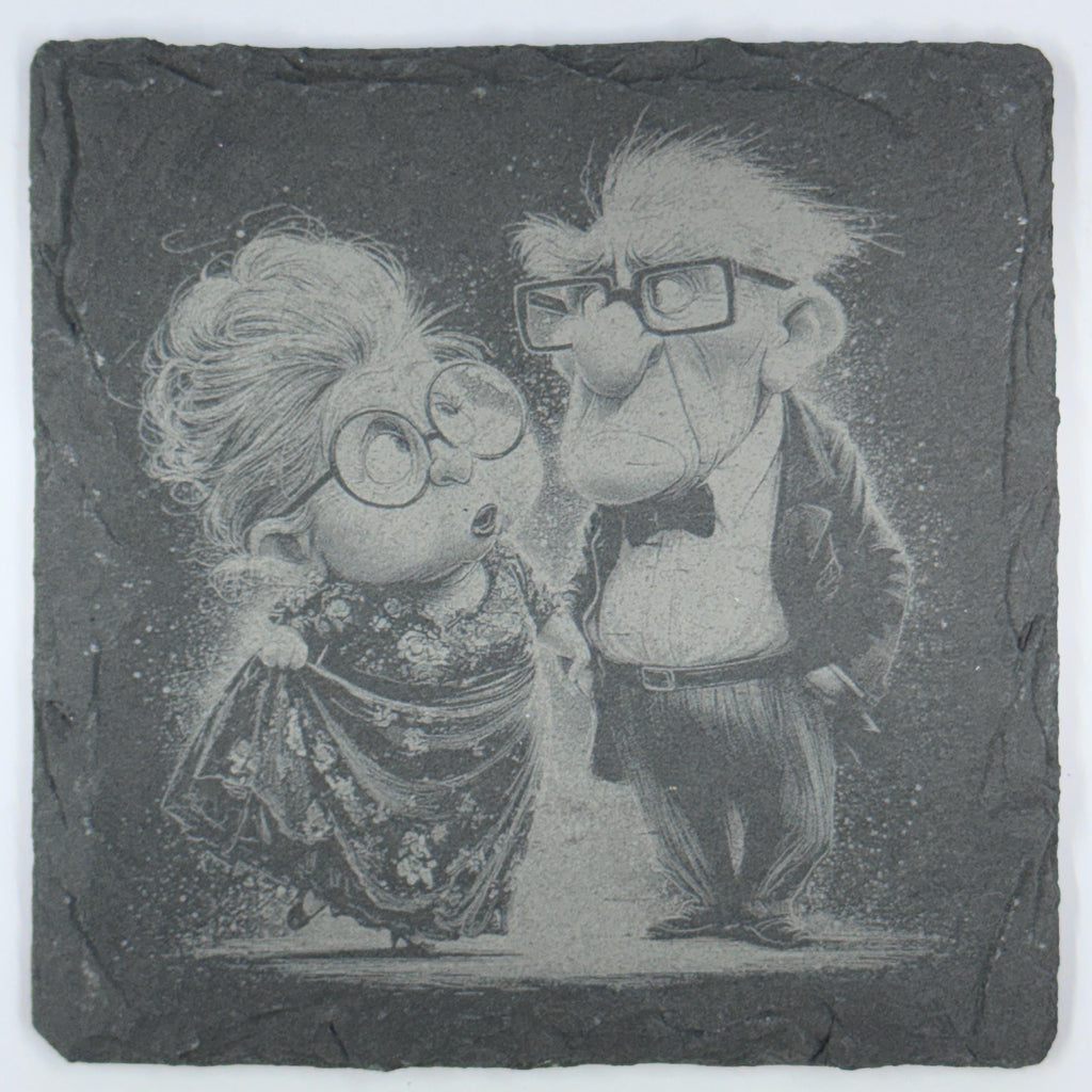 Whimsical Elder Pair – Charming Slate Coaster