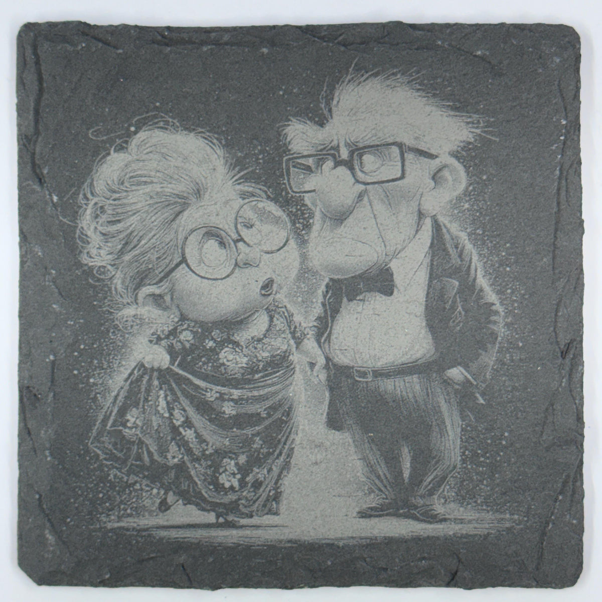 Whimsical Elder Pair – Charming Slate Coaster