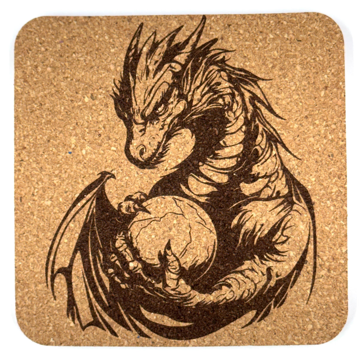 Dragon and Sphere Embrace Square Cork Coaster – Fantasy Creature
