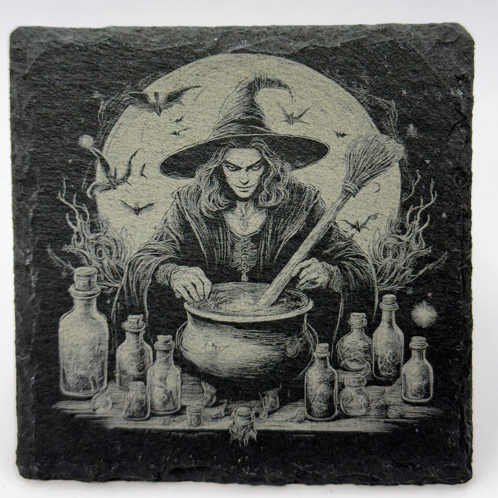 Moonlit Witch Brewing a Potion – Laser Engraved Slate Coaster