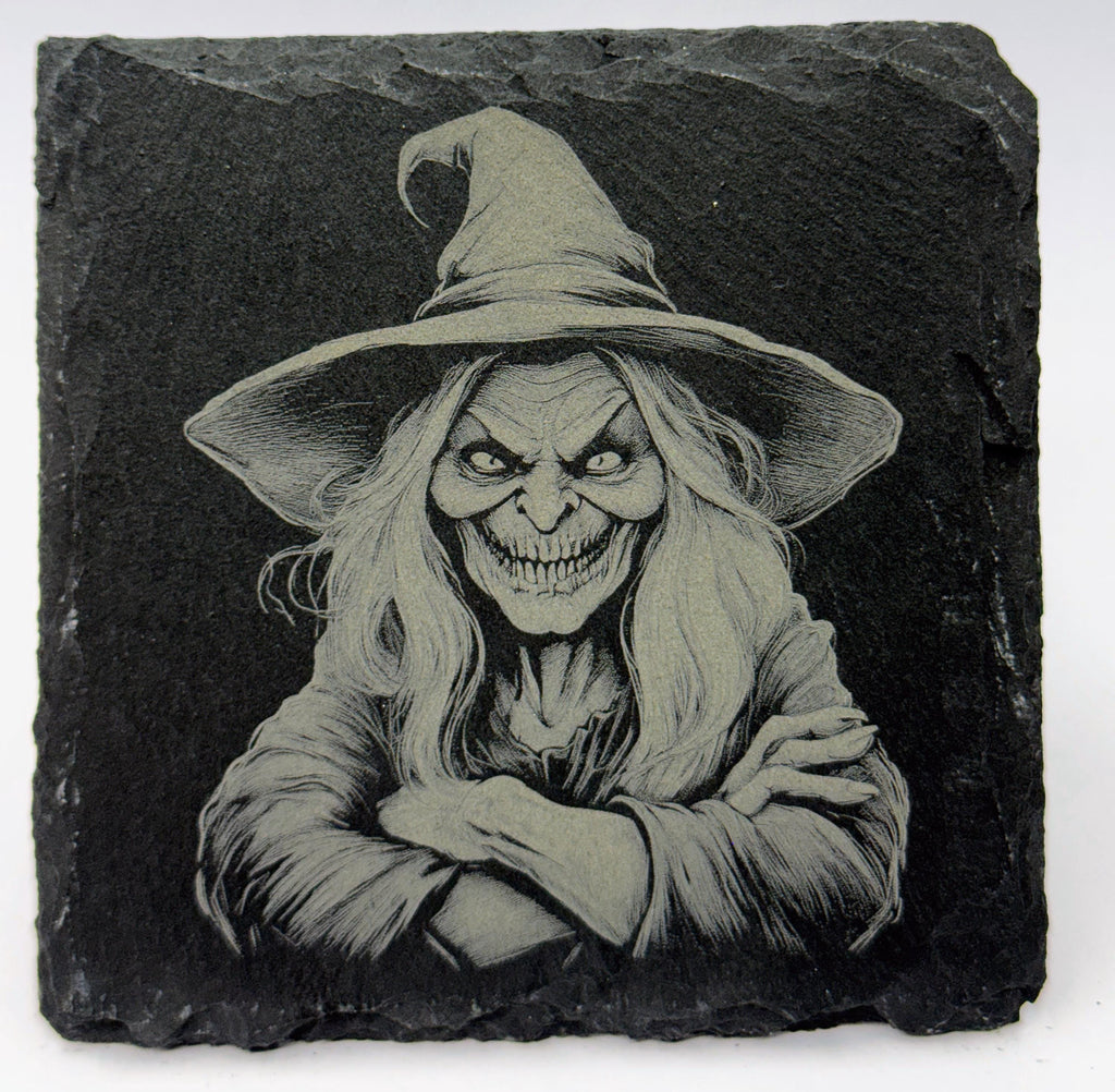 Grim Smiling Witch – Laser Engraved Slate Coaster