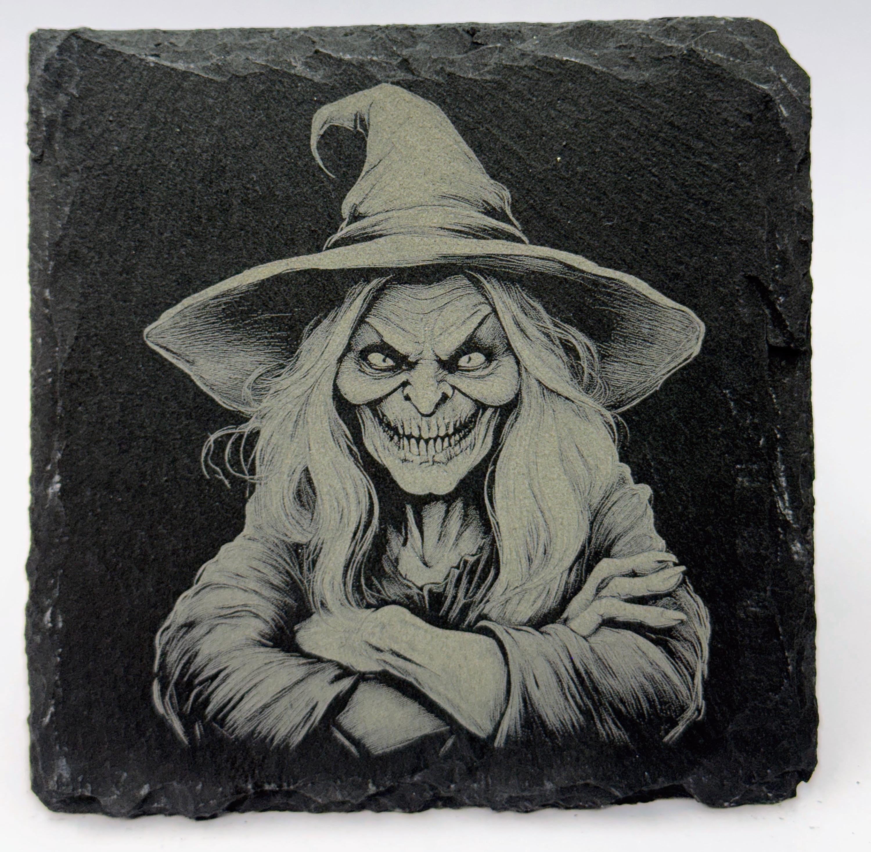 Grim Smiling Witch – Laser Engraved Slate Coaster