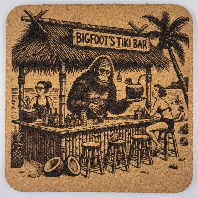 Bigfoot Tiki Bar Cork Coaster – Tropical Sasquatch Cocktail Scene