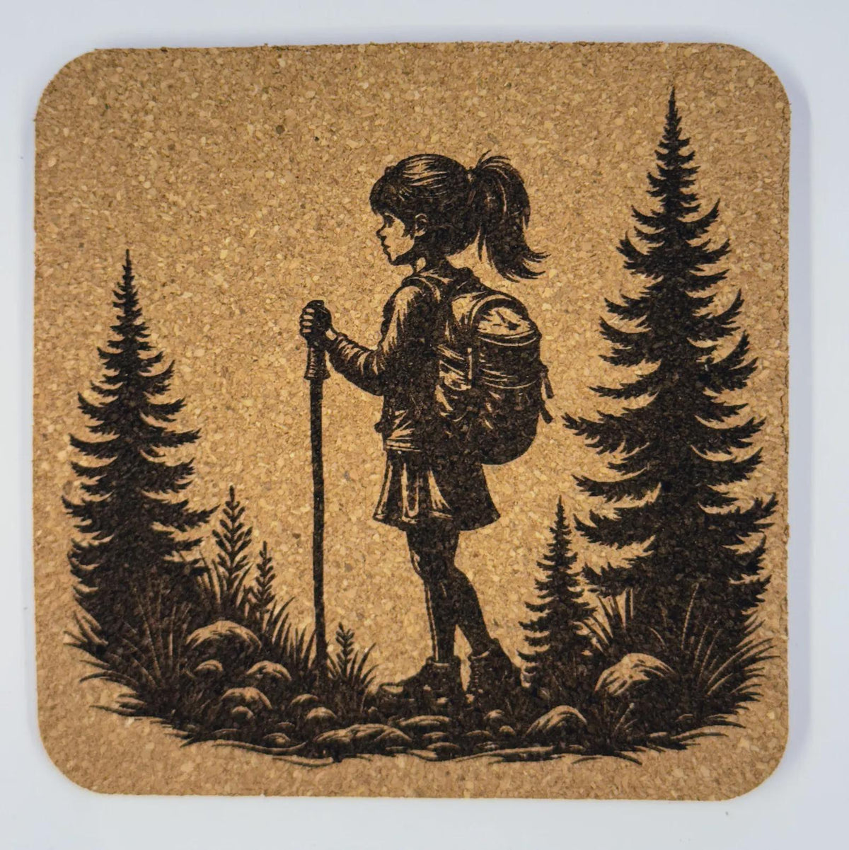 Child Hiking Woodland Path Cork Coaster – Outdoor Adventure Design