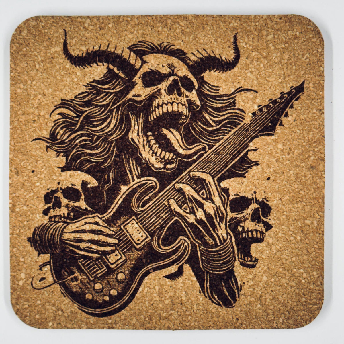 Demon Skull Guitar Cork Coaster – Heavy Metal Skull Bar Decor