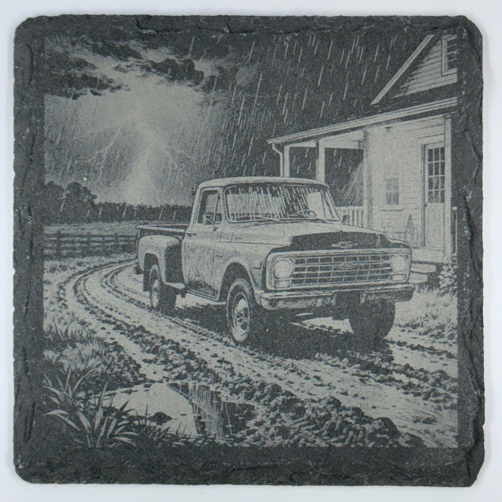 Rainy Farm Drive Pickup Truck – Vintage Slate Coaster